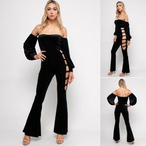 VELVET Off Shoulder CUT-OUT SIDE Flare leg Party JUMPSUIT, Made in USA, S,M,L